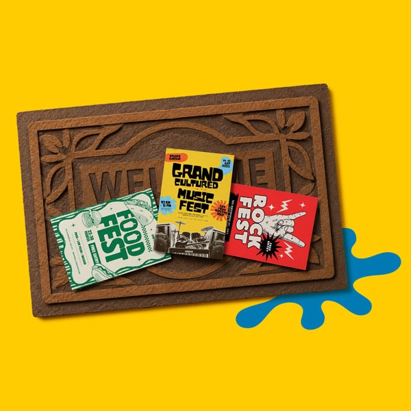 Three festival flyers on a brown doormat with a blue splash on a yellow background.