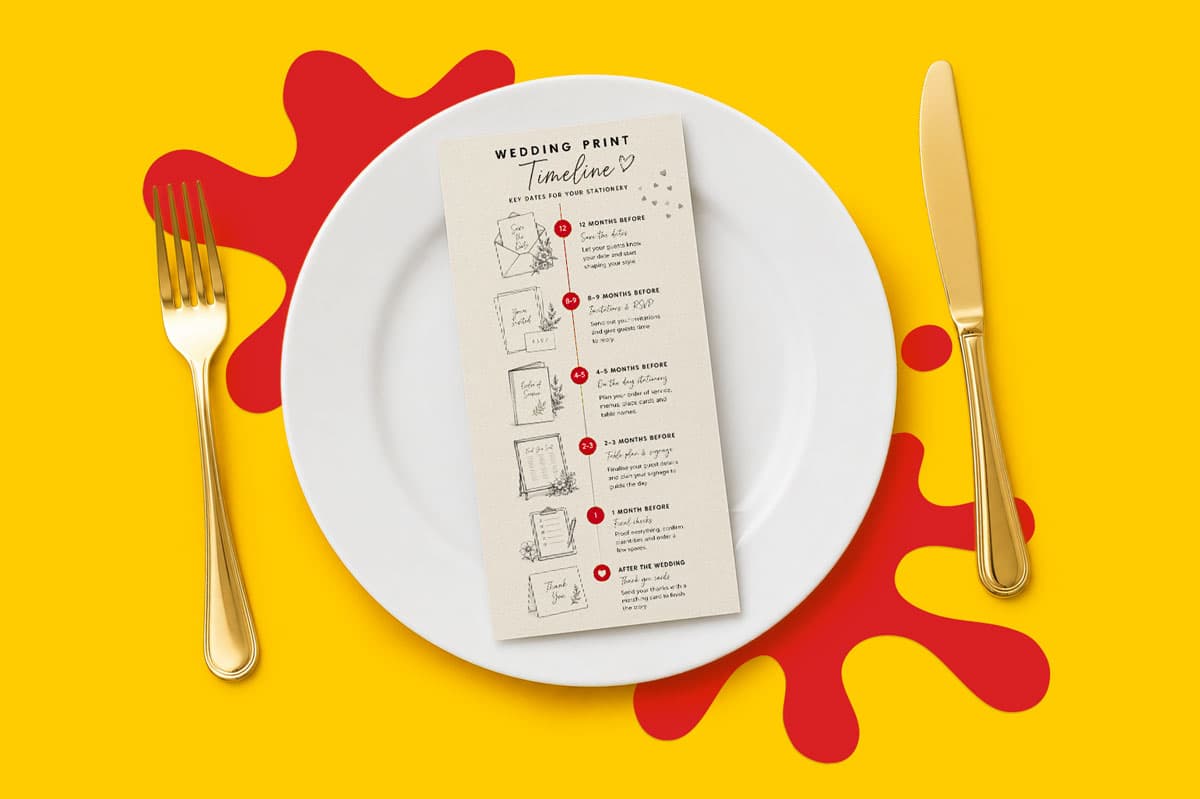 A wedding timeline menu on a white plate with gold cutlery on a yellow and red background.