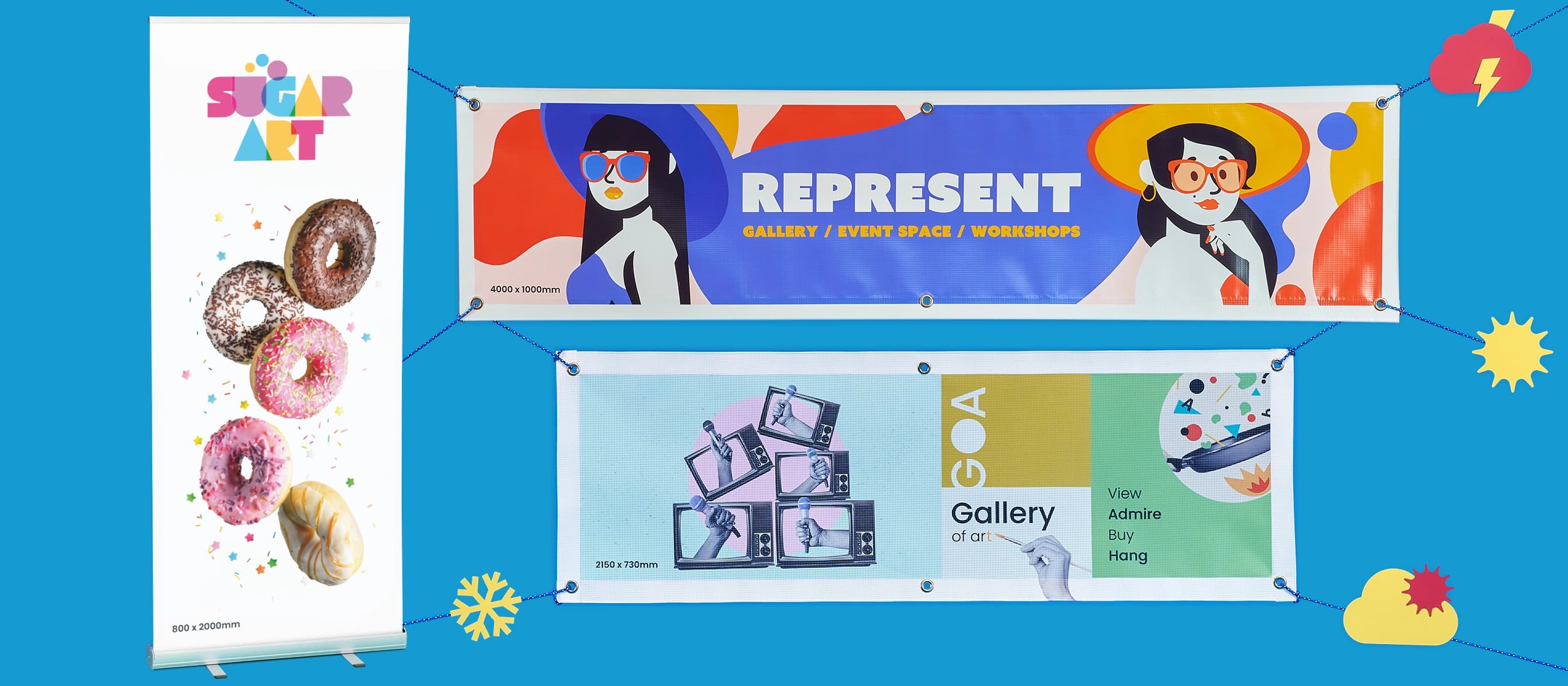 Three colorful advertising banners against a blue background.