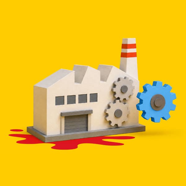 Model factory with gears and red liquid on yellow background.