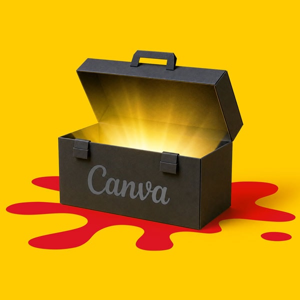 Black toolbox labeled “Canva” with glowing light inside, on a yellow background with red splatter.