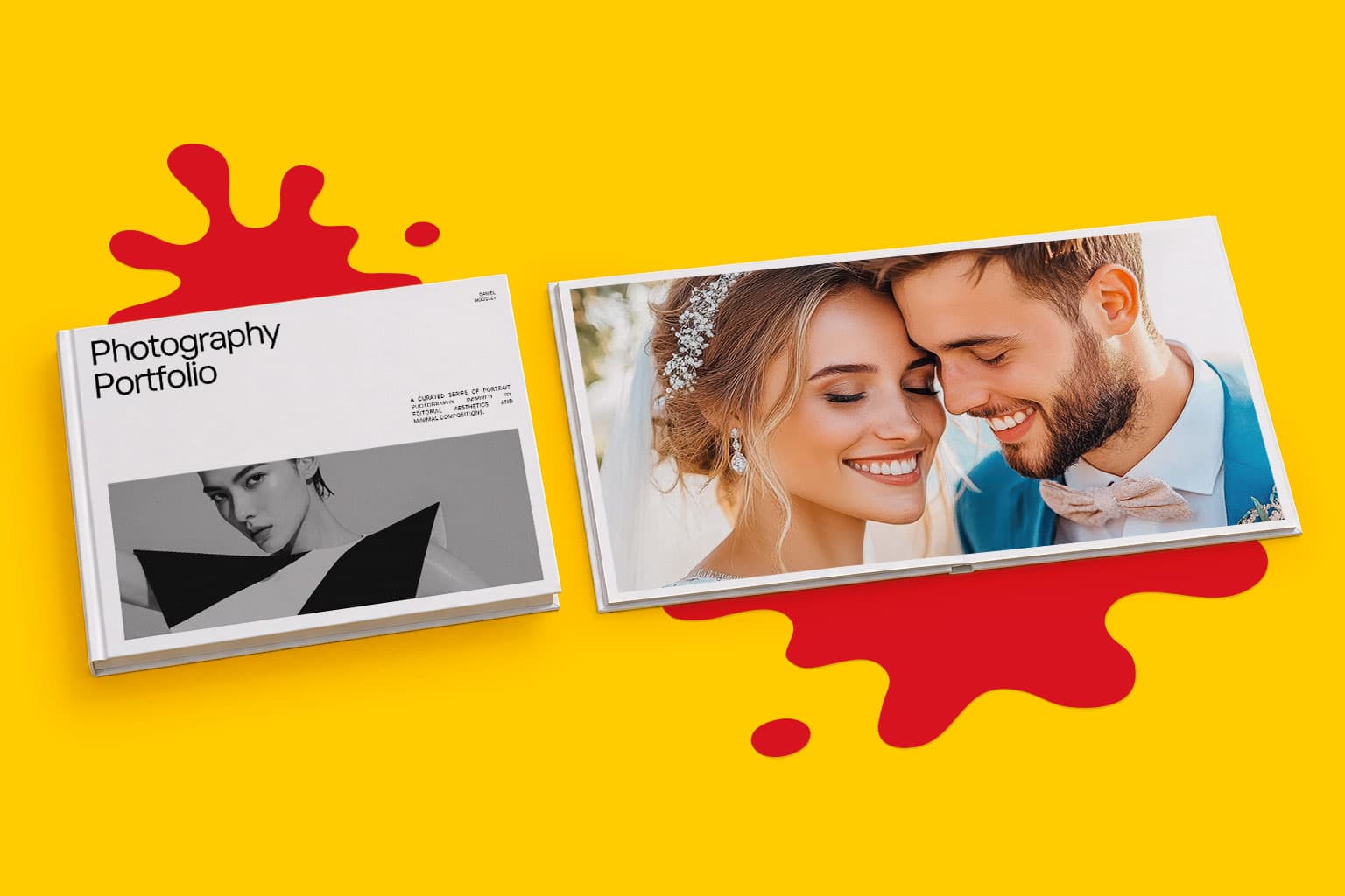 A closed photography portfolio and an open photo book with a wedding photo on a yellow background.
