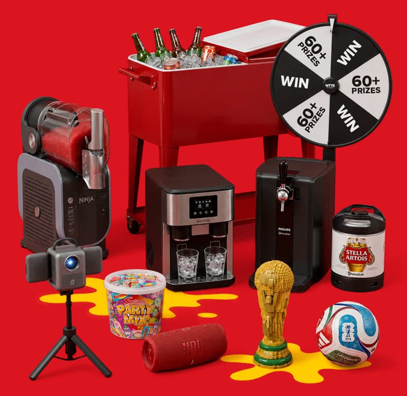 Various party prizes, including appliances, drinks, and sports items, displayed on a red background.