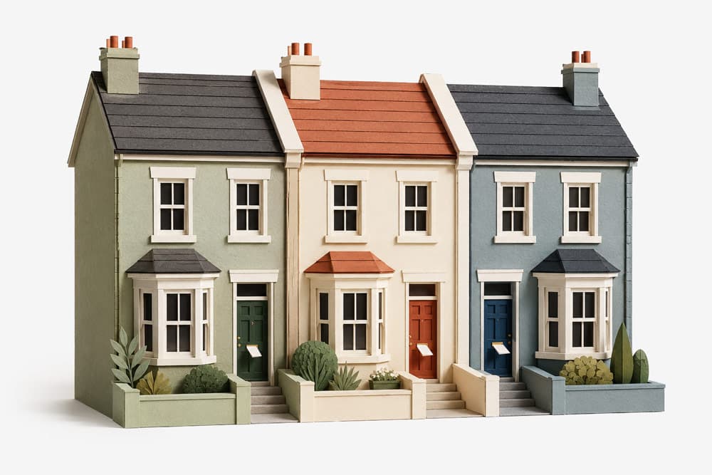 Three colourful, model townhouses with small front gardens and chimneys, side by side.