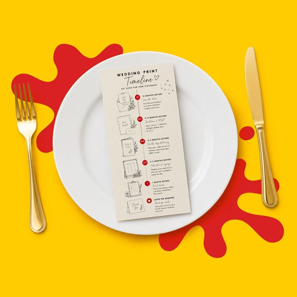 A white plate with a wedding menu, gold cutlery, on a yellow background with red shapes.