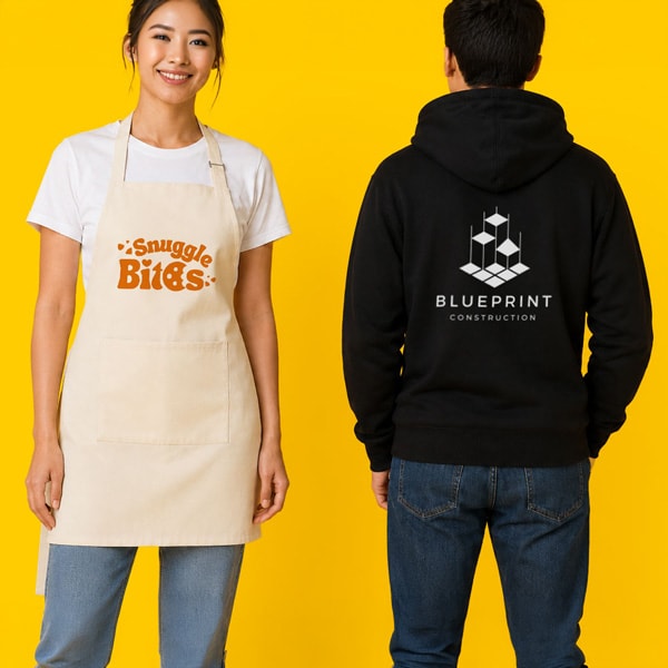 Woman in apron with “Snuggle Bites” logo; man in hoodie with “Blueprint Construction” logo.