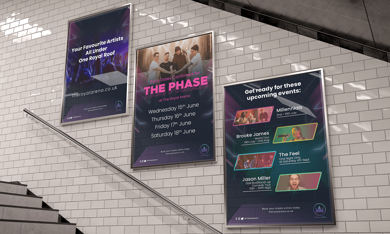 Three music event posters are displayed on a tiled wall above a staircase in a public space.