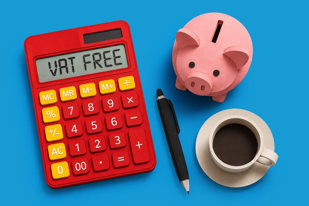 Red calculator with "VAT FREE" display, pink piggy bank, pen, and coffee cup on blue background.