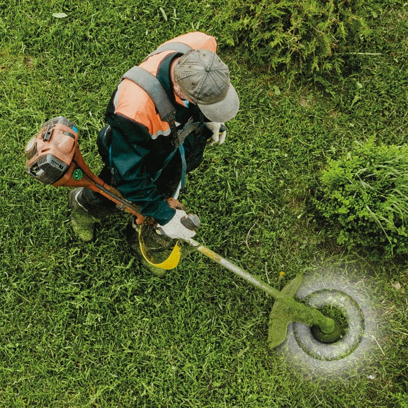 Person using a string trimmer to cut grass in a garden, viewed from above.
