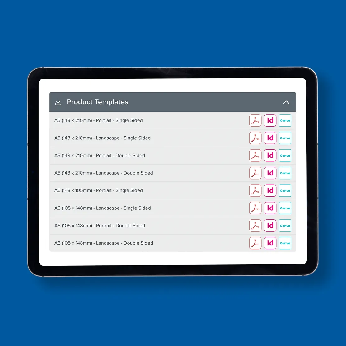 Tablet displaying a list of product templates in PDF and InDesign formats on a blue background.