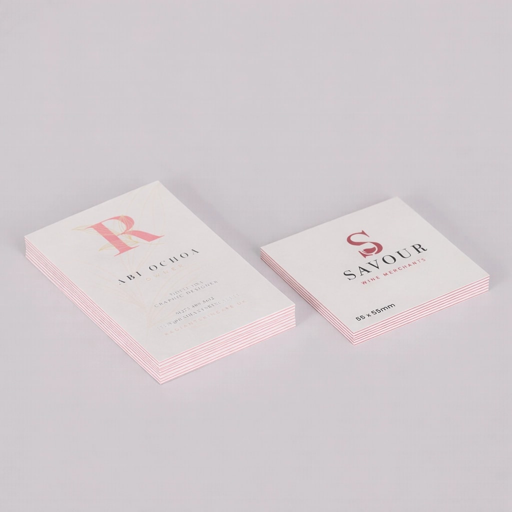 Two stacks of luxe coloured business cards displayed on a light surface, showing different designs and text.