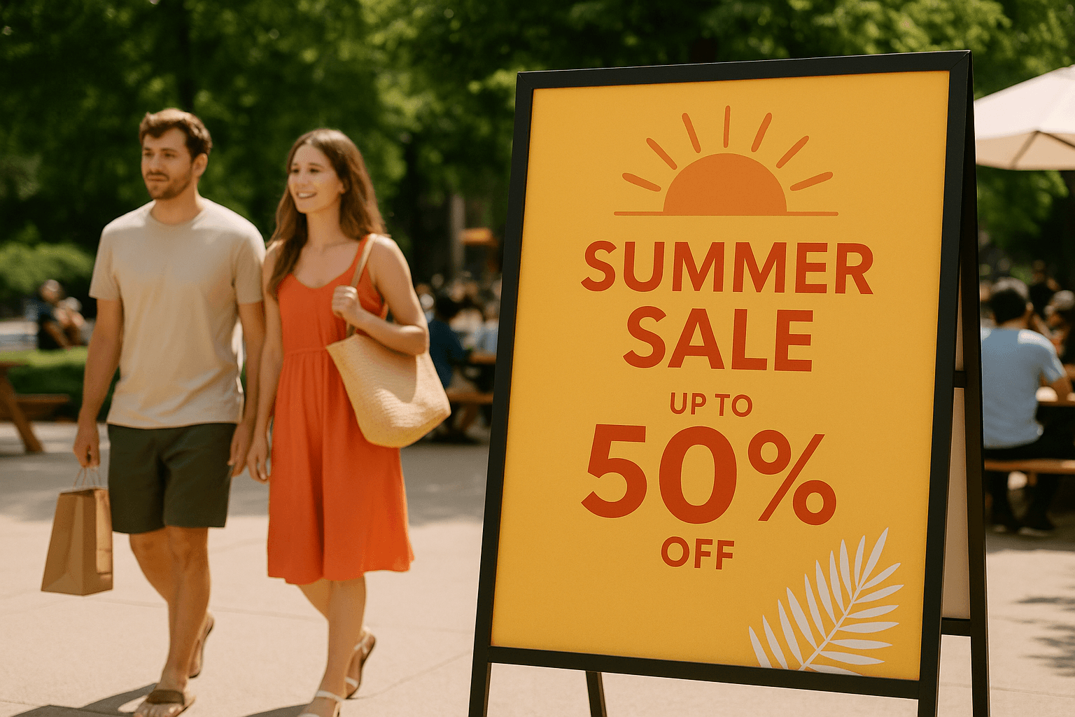 A couple walks past a sign advertising a summer sale with up to 50% off.