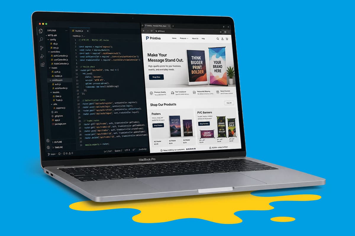 A MacBook Pro shows coding on the left screen and an online poster store on the right screen.