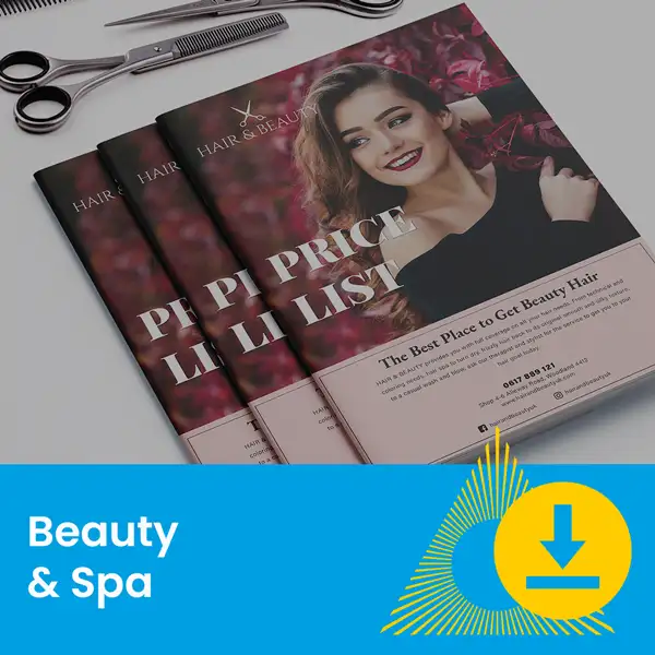 Three beauty salon price list brochures next to hairdressing scissors on a white surface.