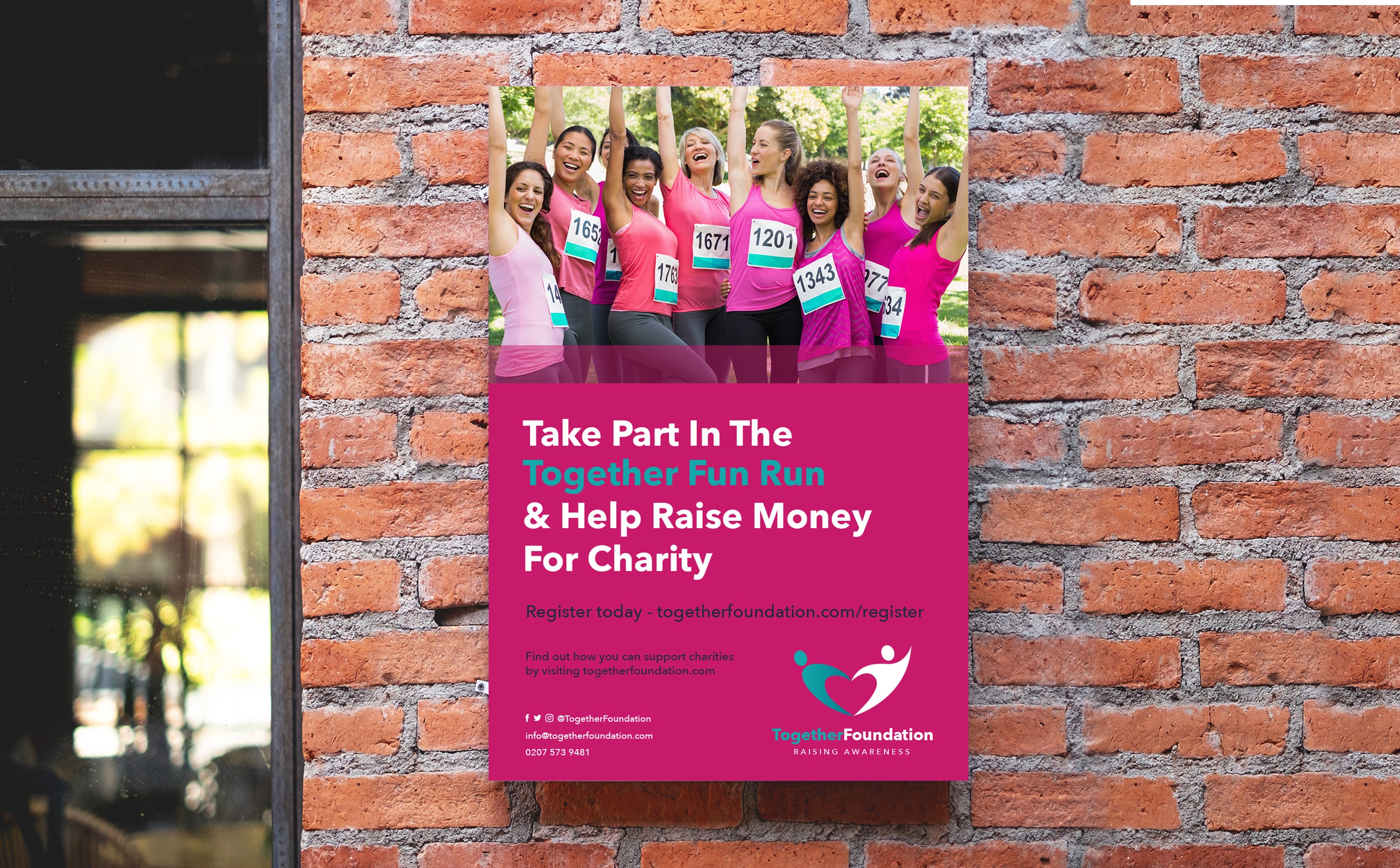 Poster for a charity fun run with a group of smiling women in athletic wear posing together.