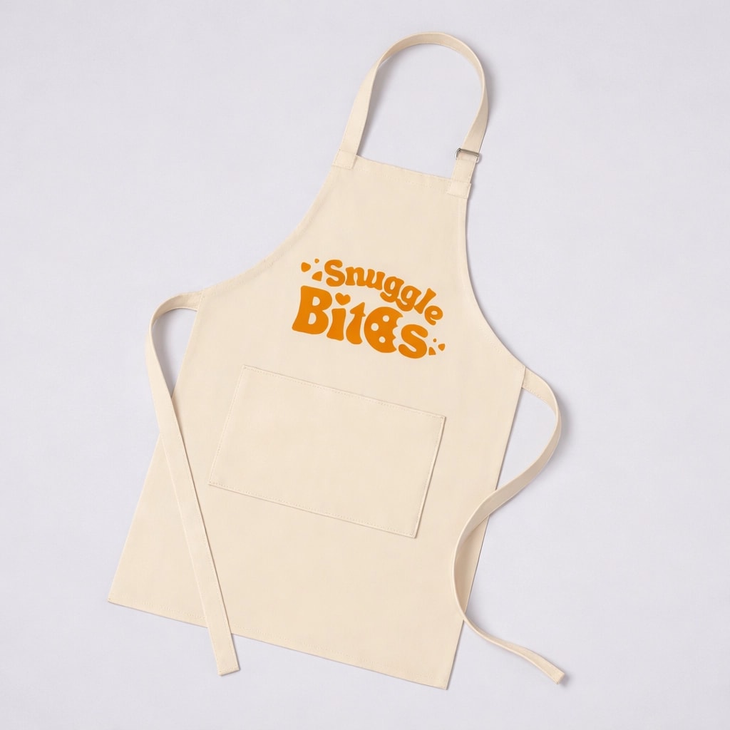 Beige apron with “Snuggle Bits” printed in orange text above a front pocket.