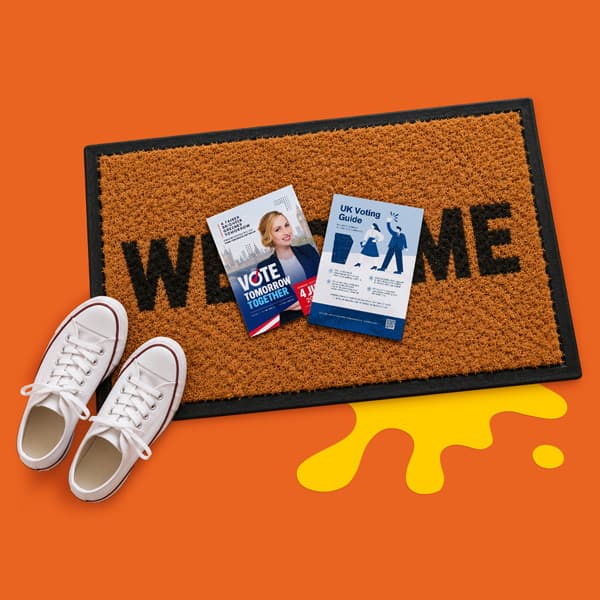 White sneakers and voting leaflets on a welcome mat, against an orange background.