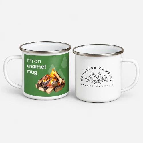 Two white enamel mugs: one with a campfire graphic, the other with a mountain logo.