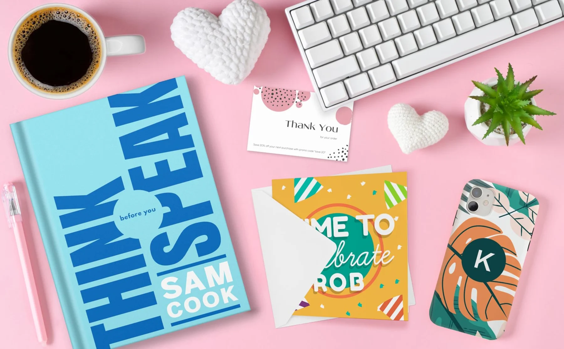 Custom business stationery featuring a business card, notebook, phone case, and greetings card for personalised branding