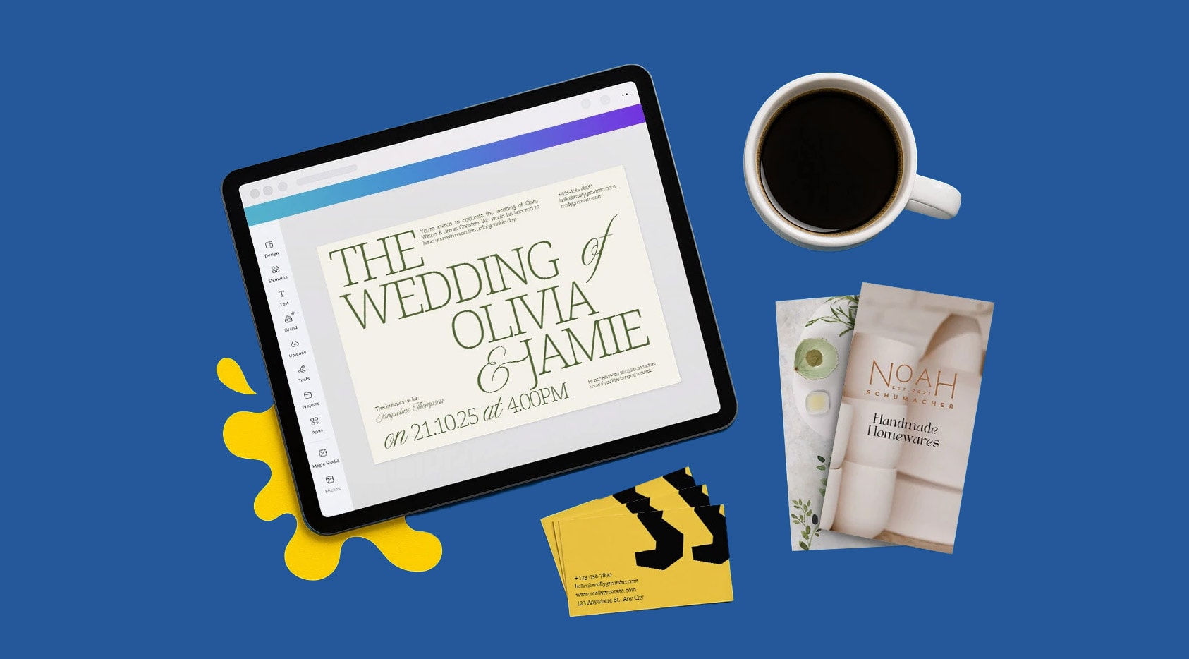 Tablet displaying a wedding invite, coffee cup, business cards, and book on a blue background.