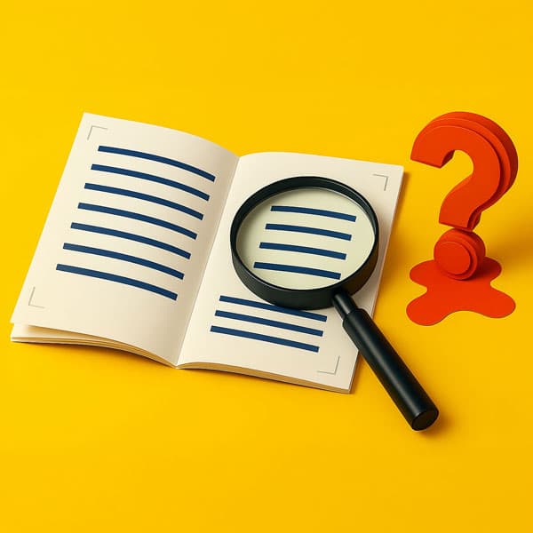 Open book with lines, magnifying glass, and red question mark on a yellow background.