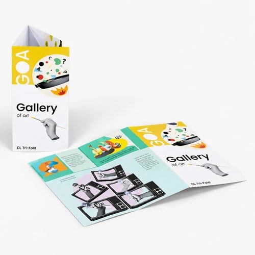 Two Gallery of Art tri-fold brochures displayed, one standing and one open showing inner pages.