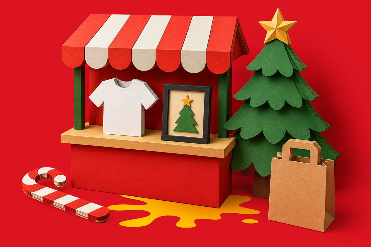 Christmas market stall with a t-shirt, framed tree art, shopping bag, and candy cane.