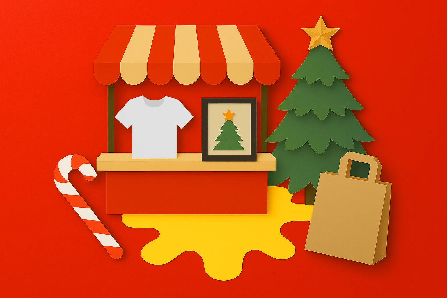 Christmas market stall with a t-shirt, framed tree art, shopping bag, and candy cane.