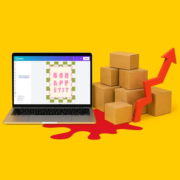 Laptop with “Bon Appétit” design, stacked boxes, and red upward arrow on yellow background.