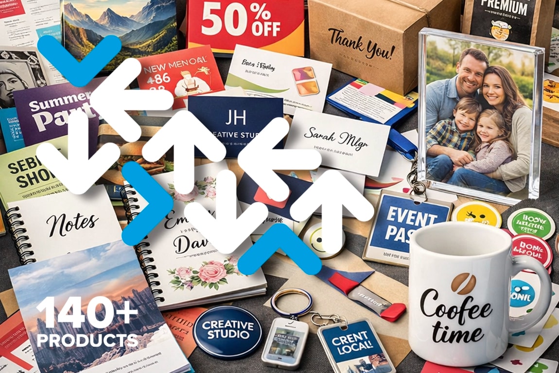 Assorted custom-printed products including mugs, notebooks, cards, keychains, and photo gifts.