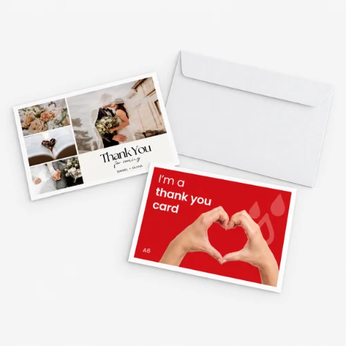 Two thank you cards with envelopes, one with wedding photos and one with red heart-hand graphic.