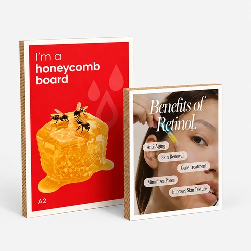 Two display boards: one with honeycomb and bees, one listing benefits of retinol on skin.