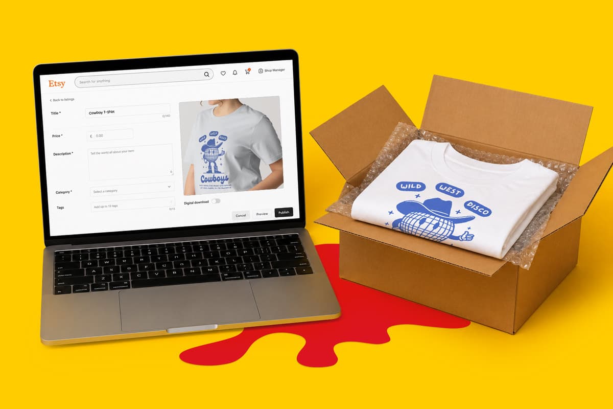 A laptop shows a t-shirt listing; a similar shirt is packed in an open box on a yellow background.