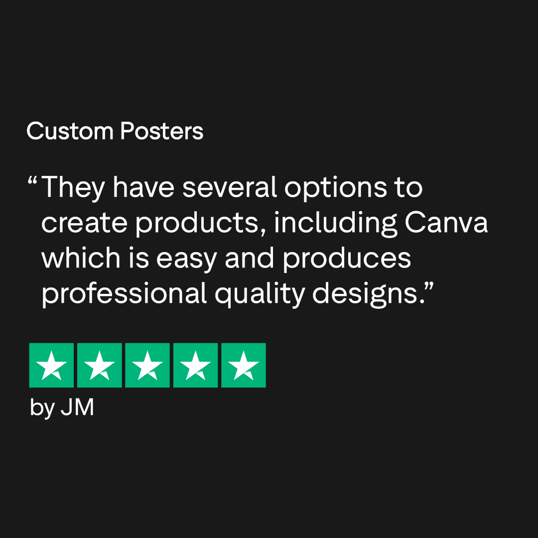 Review praising custom posters for using Canva; shows 5-star rating and reviewer initials JM.