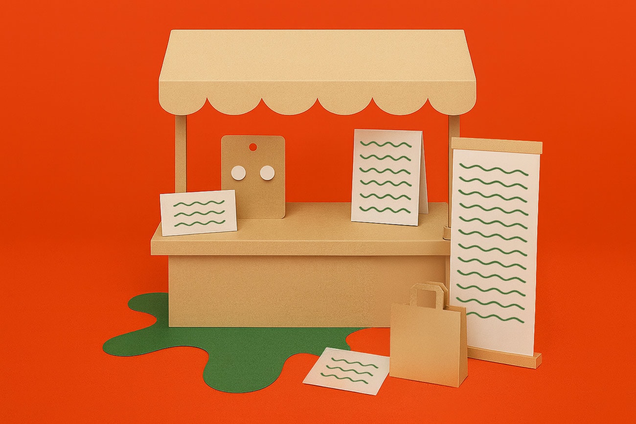 Cardboard market stall with signs and a bag on an orange background with green accents.