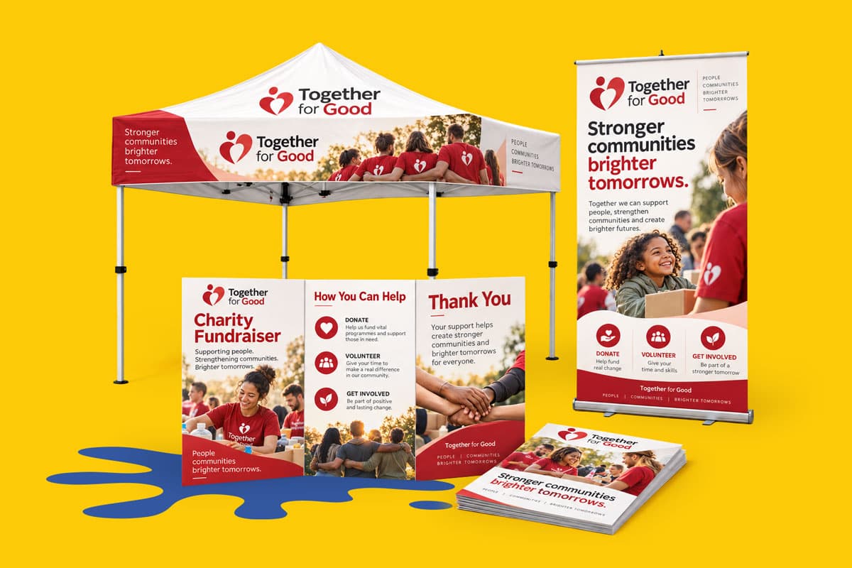 Charity fundraiser booth setup with banners, brochures, and flyers on a yellow background.