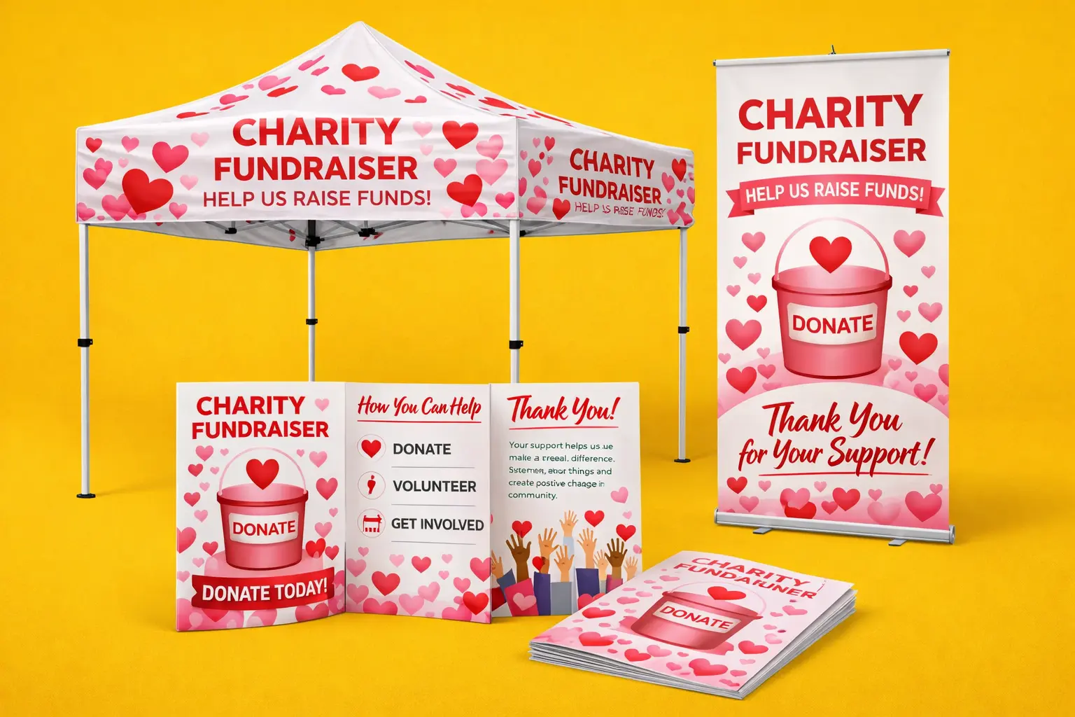 Charity fundraiser booth with banners, flyers, and signs decorated with hearts and donation imagery.