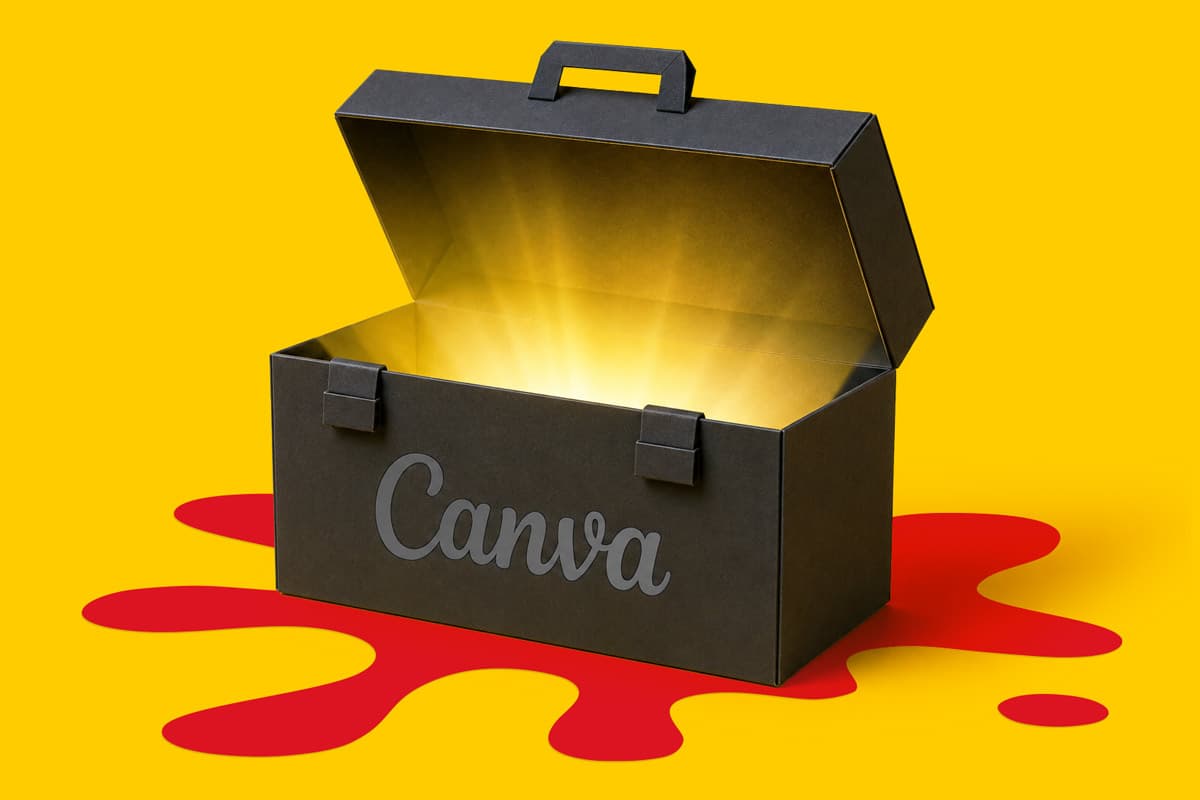Black toolbox labeled “Canva” glowing with yellow light on a yellow background with red splash.