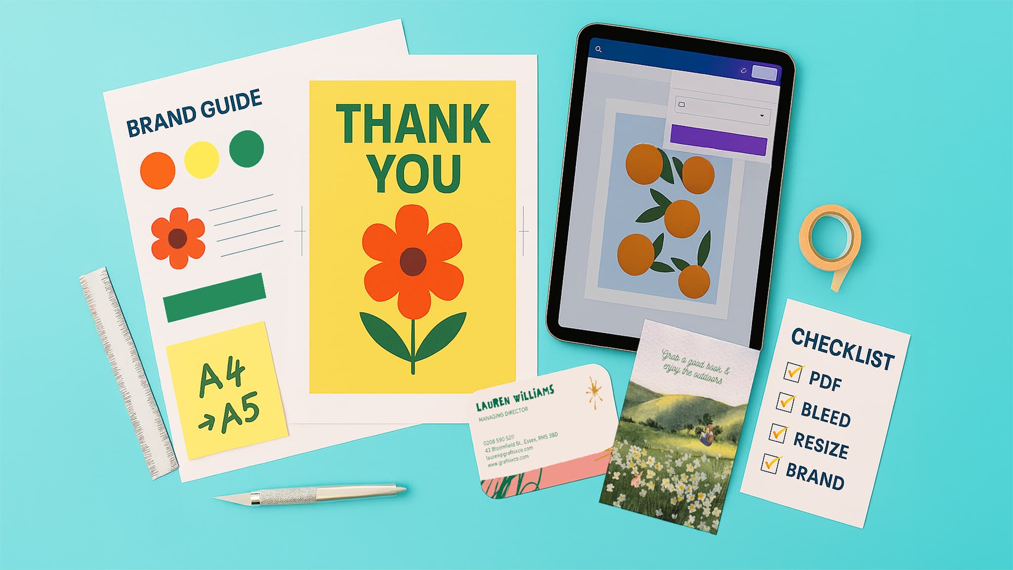 A flat lay of design materials, a tablet, cards, a checklist, and stationery on a blue surface.