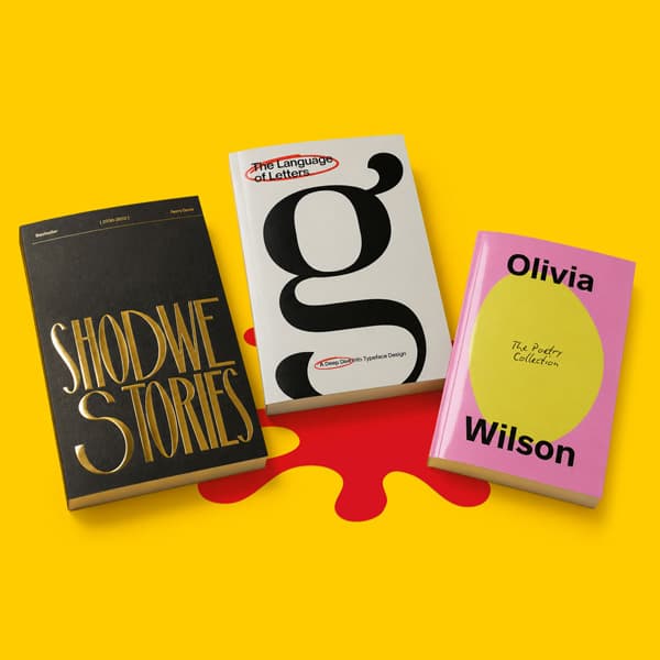 Three books with bold covers displayed on a yellow background with a red paint splatter shape.
