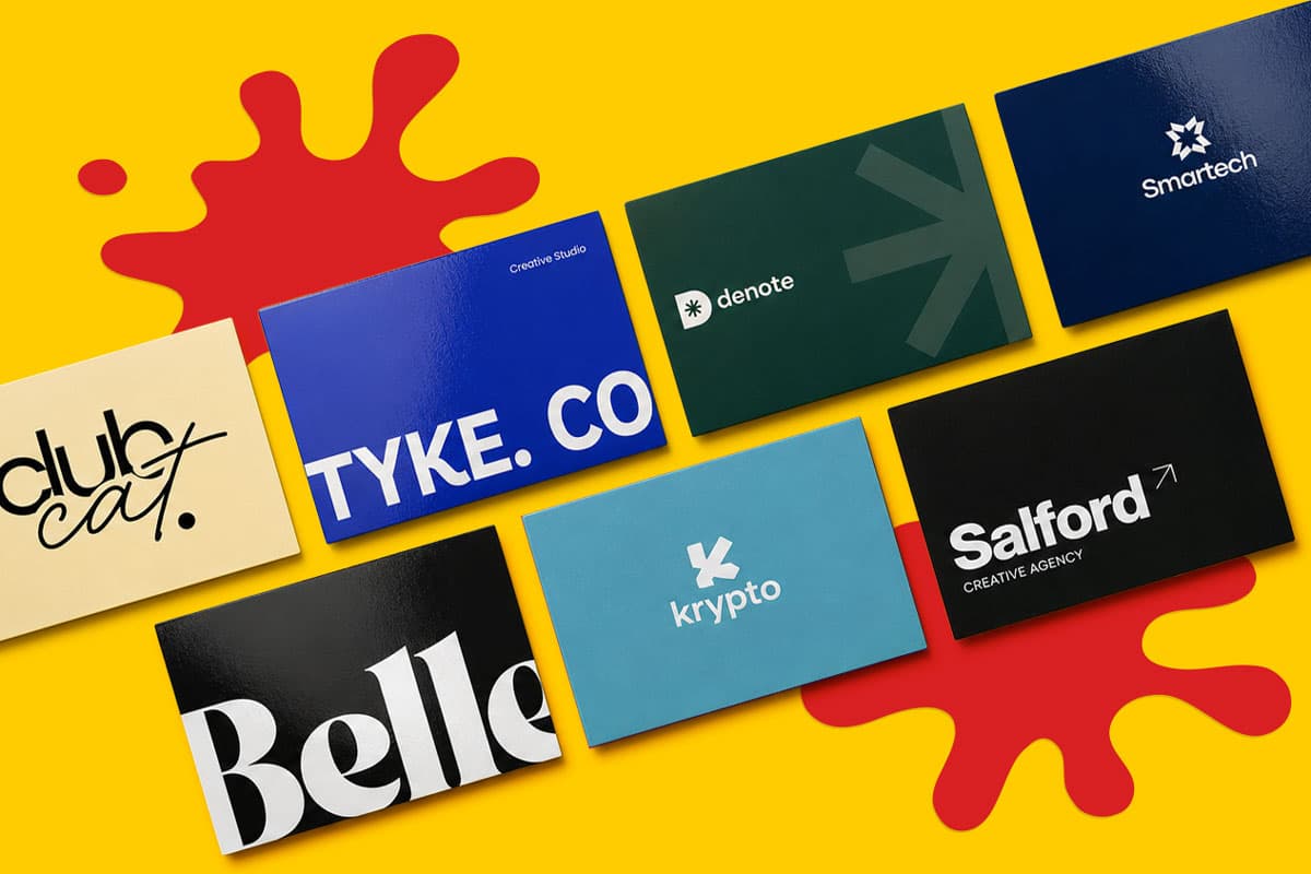 Seven vibrant business cards, each with unique branding and bold typography on display.
