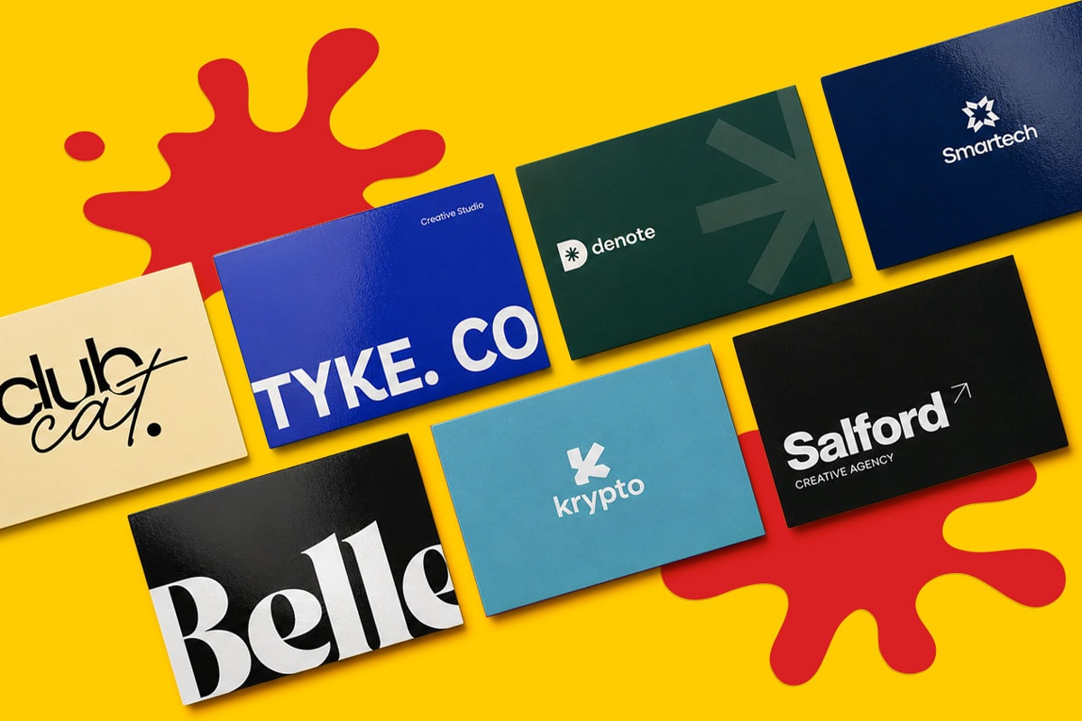 Seven vibrant business cards, each with unique branding and bold typography on display.