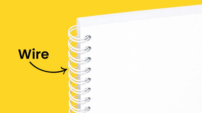 Close-up of a spiral wire binding on a white notebook against a yellow background.