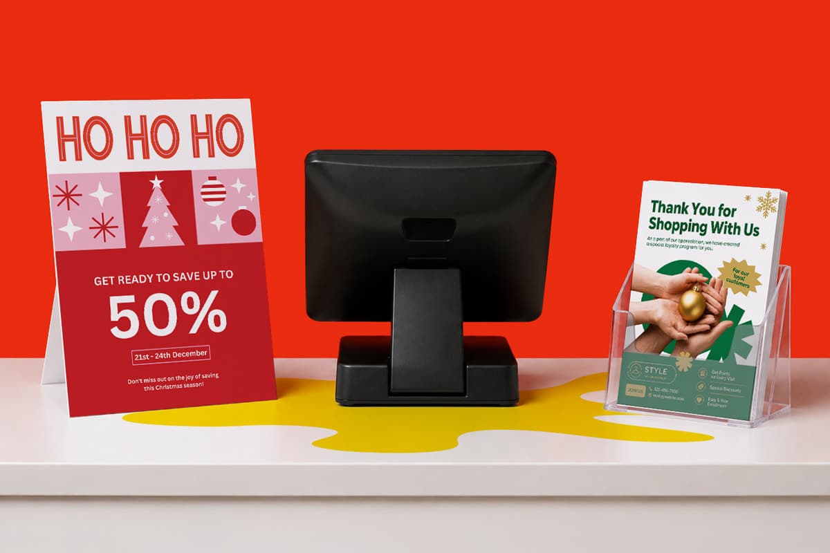 A red 50% off holiday sale sign and a thank you flyer displayed on a checkout counter.