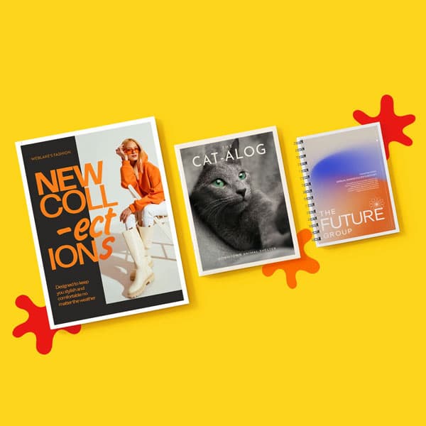 Three magazines and books displayed on a yellow background with red abstract shapes.
