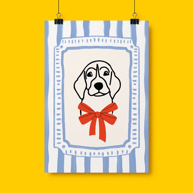 Illustration of a dog with a red bow, framed by blue stripes on a yellow background.