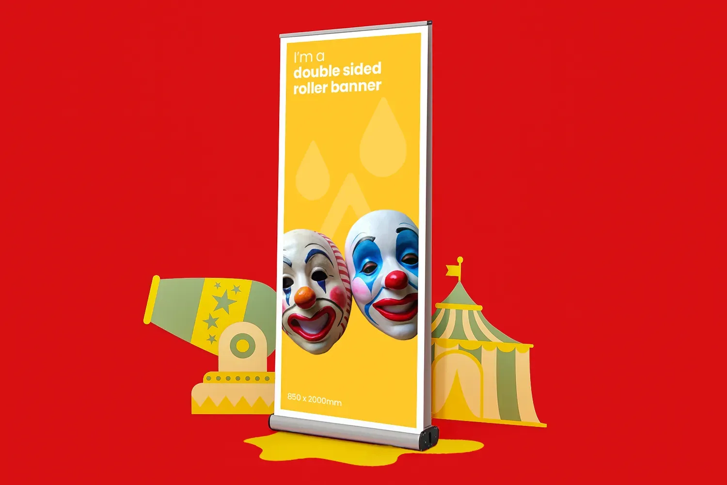 Double-sided roller banner with clown faces, circus tent, and cannon on a red background.