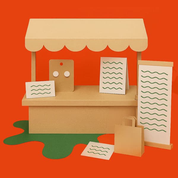 Cardboard market stall with display signs and a shopping bag on a red and green background.