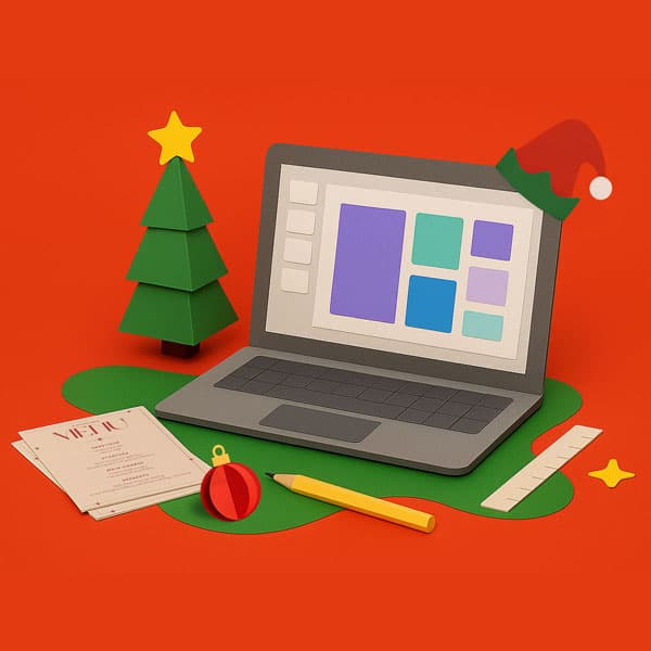 Paper laptop with Christmas decor, tree, and Santa hat on red background.