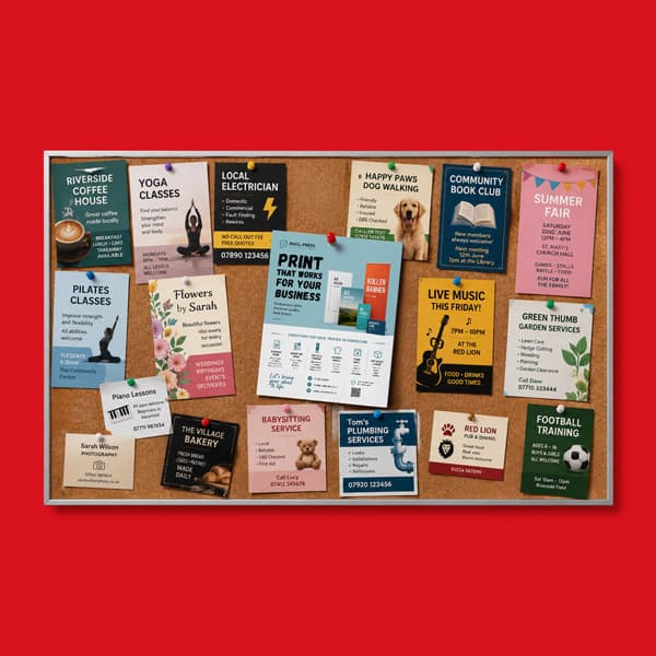 A cork bulletin board displays various colorful flyers for local events and community services.